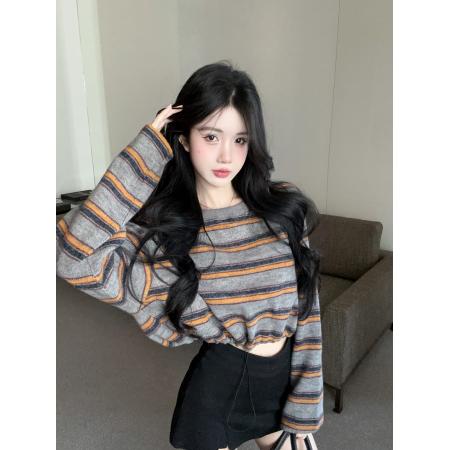 FA53658# 复古撞色条纹抽绳圆领长袖卫衣女慵懒风宽松显瘦T恤潮
