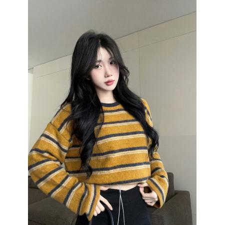 FA53658# 复古撞色条纹抽绳圆领长袖卫衣女慵懒风宽松显瘦T恤潮