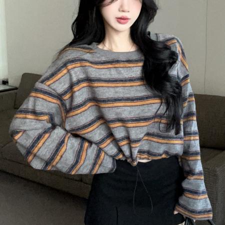 FA53658# 复古撞色条纹抽绳圆领长袖卫衣女慵懒风宽松显瘦T恤潮