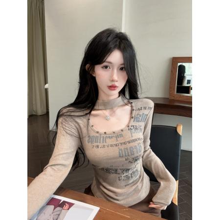 FA53659# 春季新款辣妹方领字母印花铆钉T恤显瘦打底衫上衣