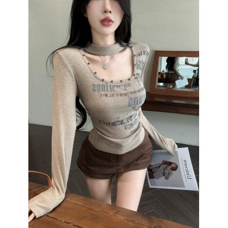 FA53659# 春季新款辣妹方领字母印花铆钉T恤显瘦打底衫上衣