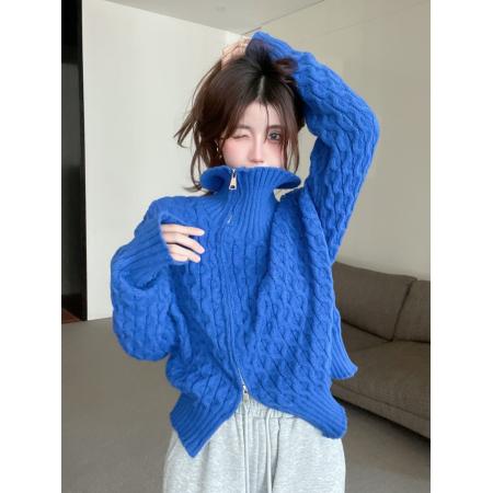 FA53661# 秋冬新款克莱因蓝高领拉链毛衣针织上衣麻花毛衣女潮