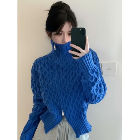 FA53661# 秋冬新款克莱因蓝高领拉链毛衣针织上衣麻花毛衣女潮