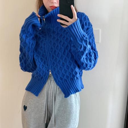 FA53661# 秋冬新款克莱因蓝高领拉链毛衣针织上衣麻花毛衣女潮