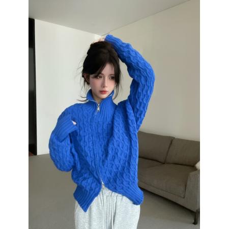 FA53661# 秋冬新款克莱因蓝高领拉链毛衣针织上衣麻花毛衣女潮