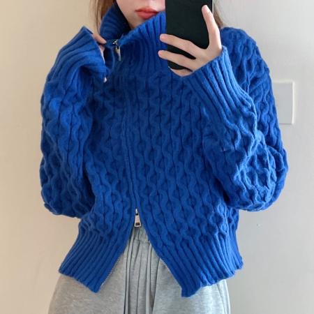 FA53661# 秋冬新款克莱因蓝高领拉链毛衣针织上衣麻花毛衣女潮