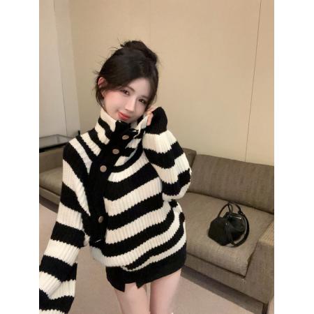 FA53662# 设计感条纹高领毛衣一字领慵懒毛衣上衣女