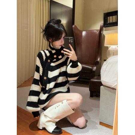 FA53662# 设计感条纹高领毛衣一字领慵懒毛衣上衣女