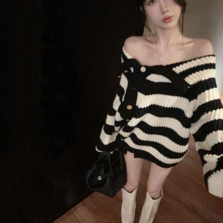 FA53662# 设计感条纹高领毛衣一字领慵懒毛衣上衣女