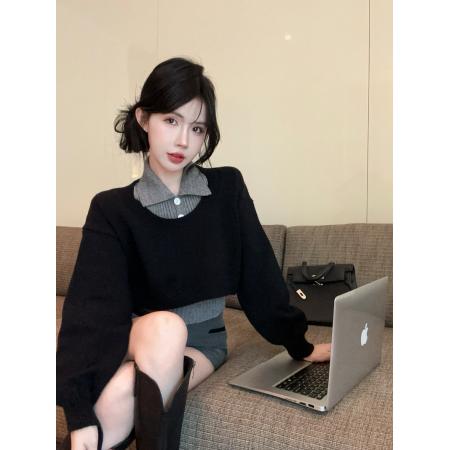 FA53663# 减龄毛衣两件套Polo领背心圆领针织罩衫上衣套装女