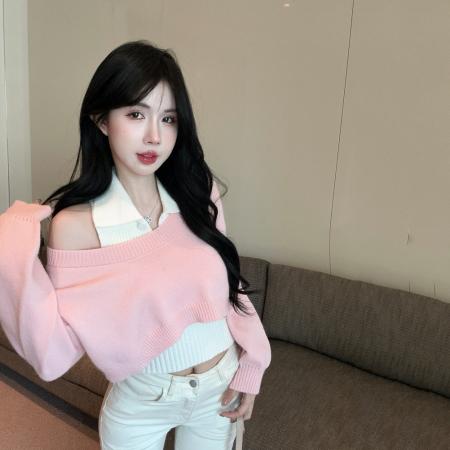 FA53663# 减龄毛衣两件套Polo领背心圆领针织罩衫上衣套装女