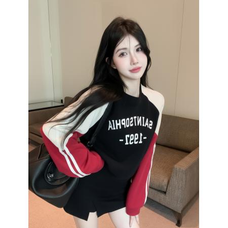 FA53664# 春季新款时尚撞色拼接字母印花卫衣百搭T恤上衣外套