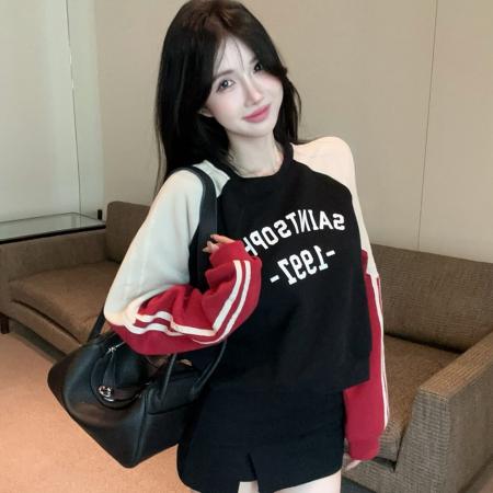 FA53664# 春季新款时尚撞色拼接字母印花卫衣百搭T恤上衣外套