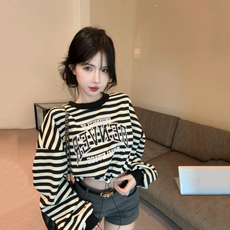 FA53665# 春季新款条纹抽绳蝙蝠长袖卫衣宽松显瘦T恤上衣女潮