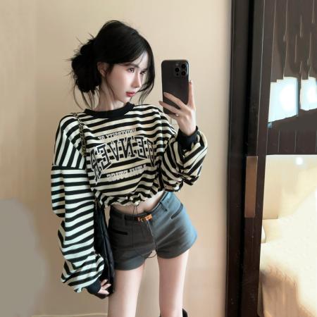 FA53665# 春季新款条纹抽绳蝙蝠长袖卫衣宽松显瘦T恤上衣女潮