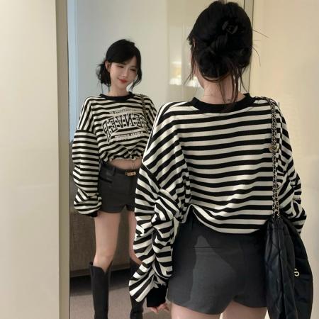 FA53665# 春季新款条纹抽绳蝙蝠长袖卫衣宽松显瘦T恤上衣女潮