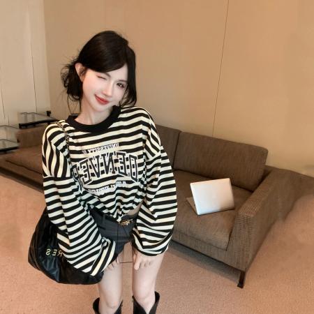 FA53665# 春季新款条纹抽绳蝙蝠长袖卫衣宽松显瘦T恤上衣女潮