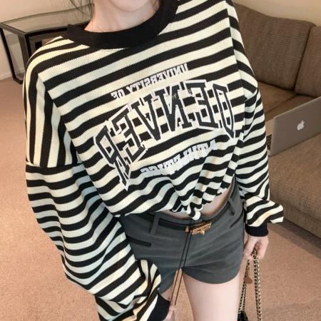 FA53665# 春季新款条纹抽绳蝙蝠长袖卫衣宽松显瘦T恤上衣女潮