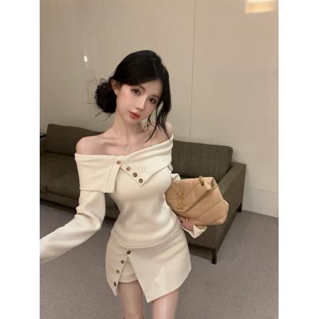 FA53666# 春装新款一字领不规则T恤上衣开叉裙裤两件套装