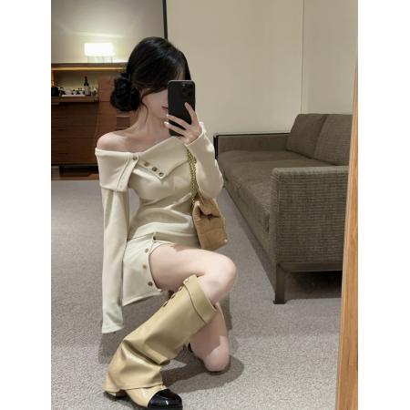 FA53666# 春装新款一字领不规则T恤上衣开叉裙裤两件套装