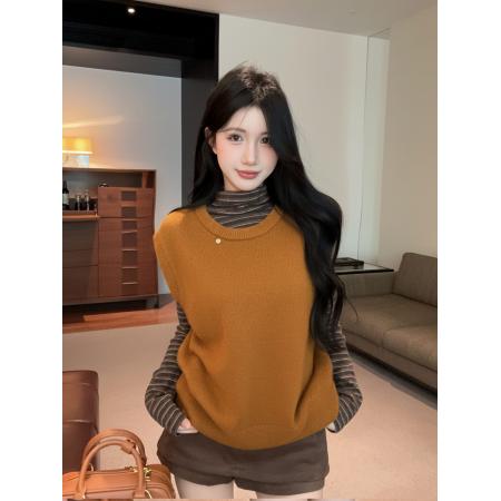 FA53667# 条纹高领打底长袖t恤女秋冬季叠穿针织马甲背心两件套