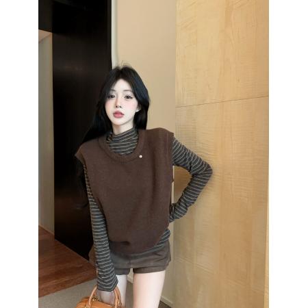 FA53667# 条纹高领打底长袖t恤女秋冬季叠穿针织马甲背心两件套