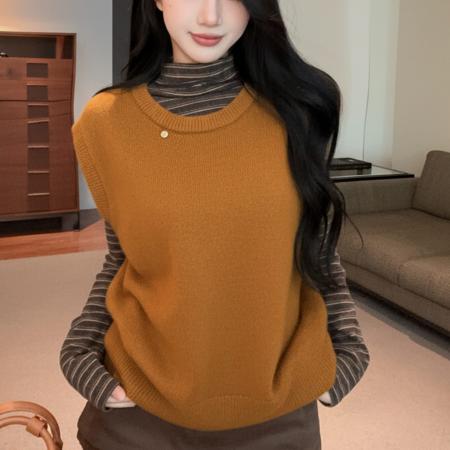 FA53667# 条纹高领打底长袖t恤女秋冬季叠穿针织马甲背心两件套