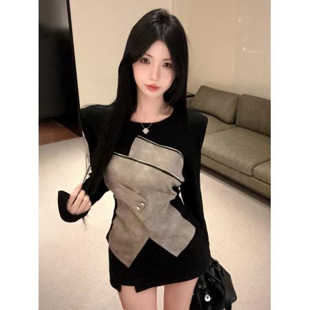 FA53668# 春季新款不规则拼接圆领长袖T恤设计感打底衫上衣