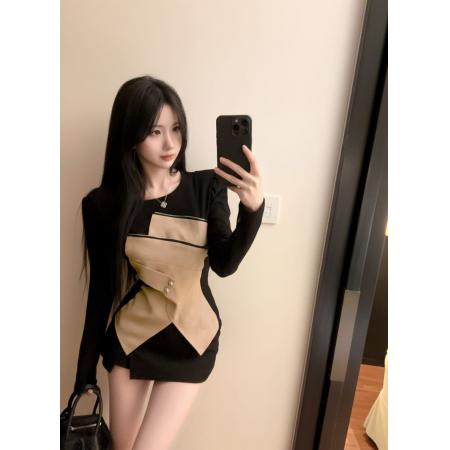 FA53668# 春季新款不规则拼接圆领长袖T恤设计感打底衫上衣