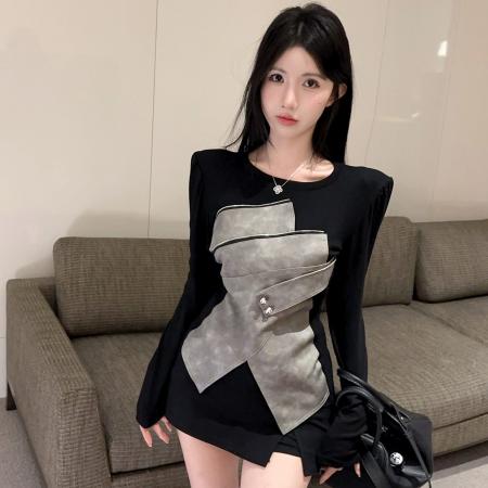 FA53668# 春季新款不规则拼接圆领长袖T恤设计感打底衫上衣