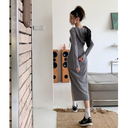 FA53669# 春装新款ins网红设计开叉连衣裙女中长款连帽修身打底裙