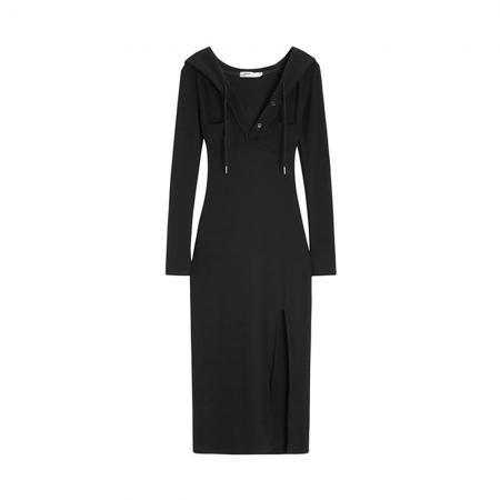 FA53669# 春装新款ins网红设计开叉连衣裙女中长款连帽修身打底裙