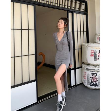 FA53669# 春装新款ins网红设计开叉连衣裙女中长款连帽修身打底裙