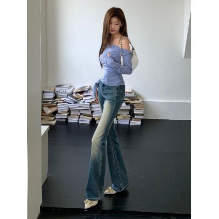 FA53670# 春夏新款美式复古微喇叭牛仔裤女拖地阔腿裤显高显瘦长裤