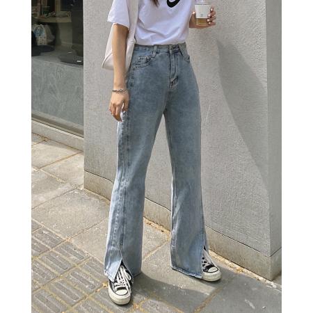 FA53671# 春夏新款泫雅拖地裤开叉高腰百搭宽松直筒阔腿牛仔长裤女