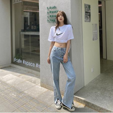 FA53671# 春夏新款泫雅拖地裤开叉高腰百搭宽松直筒阔腿牛仔长裤女