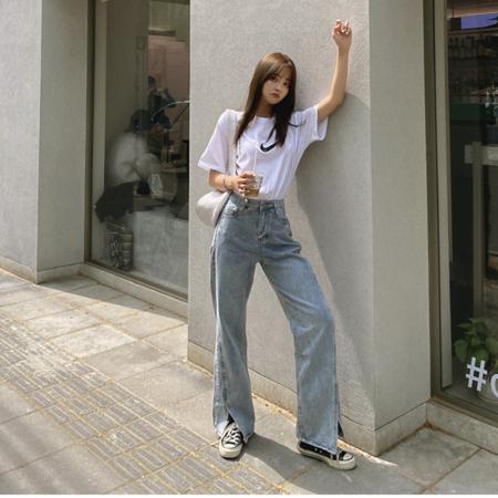 FA53671# 春夏新款泫雅拖地裤开叉高腰百搭宽松直筒阔腿牛仔长裤女