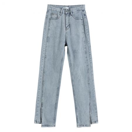 FA53671# 春夏新款泫雅拖地裤开叉高腰百搭宽松直筒阔腿牛仔长裤女