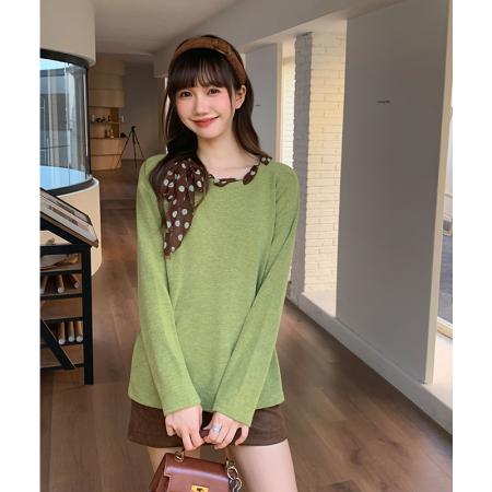 FA53674# 绿色波点丝巾圆领内搭打底衫女秋冬特别漂亮掐腰长袖