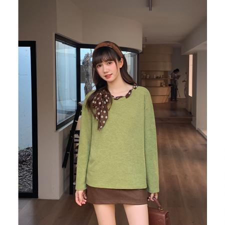 FA53674# 绿色波点丝巾圆领内搭打底衫女秋冬特别漂亮掐腰长袖