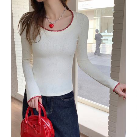 FA53675# 撞色花边彩点方领针织长袖t恤女秋冬修身显瘦内搭打底衫