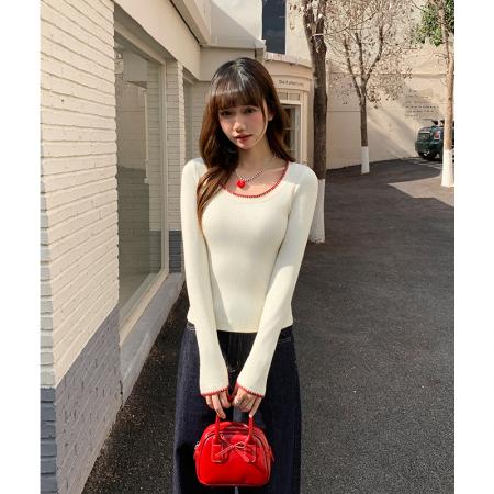 FA53675# 撞色花边彩点方领针织长袖t恤女秋冬修身显瘦内搭打底衫