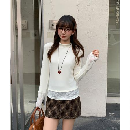 FA53676# 法式蕾丝磨毛半高领长袖t恤女秋冬新款设计感上衣加绒