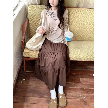 FA53677# 设计感甜美印花长袖T恤女夏季休闲宽松小众显瘦上衣秋季宽松防晒