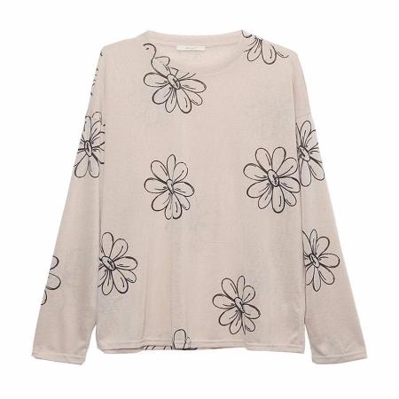 FA53677# 设计感甜美印花长袖T恤女夏季休闲宽松小众显瘦上衣秋季宽松防晒