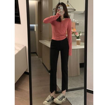 FA53678# 美式复古法式甜辣风设计感短款长袖t恤女春秋季修身上衣