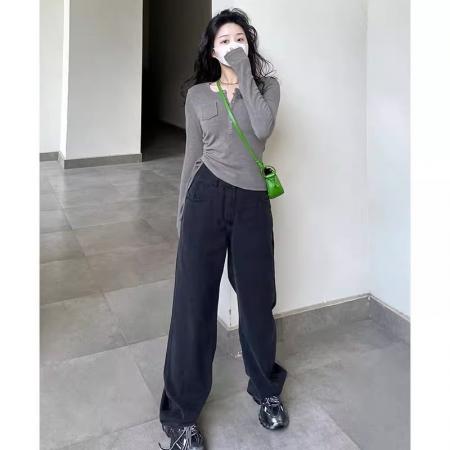 FA53678# 美式复古法式甜辣风设计感短款长袖t恤女春秋季修身上衣