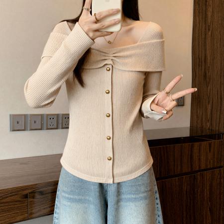 FA53679# 大码设计感小众褶皱荷叶边领长袖t恤秋季微胖MM显瘦减龄洋气上衣