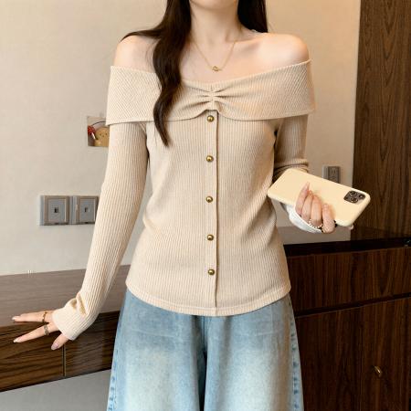 FA53679# 大码设计感小众褶皱荷叶边领长袖t恤秋季微胖MM显瘦减龄洋气上衣