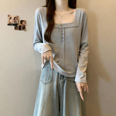 FA53683# 高级感方领纯棉长袖t恤女装秋季新款大码胖MM修身打底衫上衣